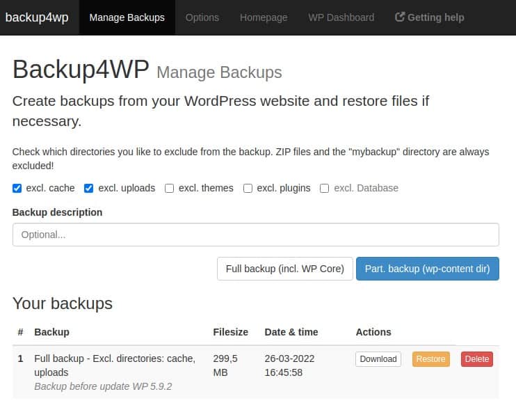 Backup4WP screenshot