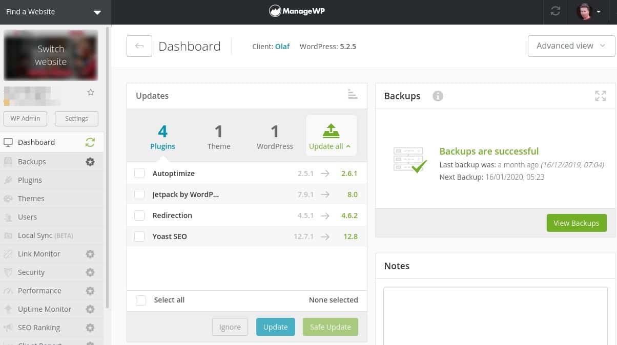 Website dashboard in ManageWP