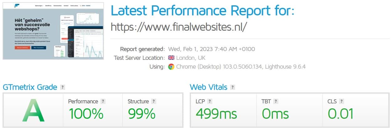 Website snelheid GTmetrix screenshot