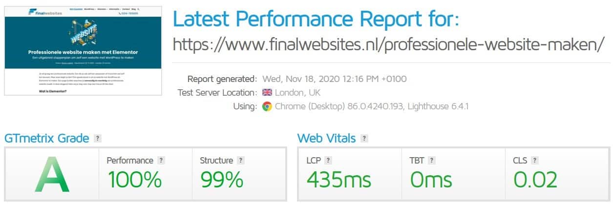 GTmetrix resultaat voor finalwebsites