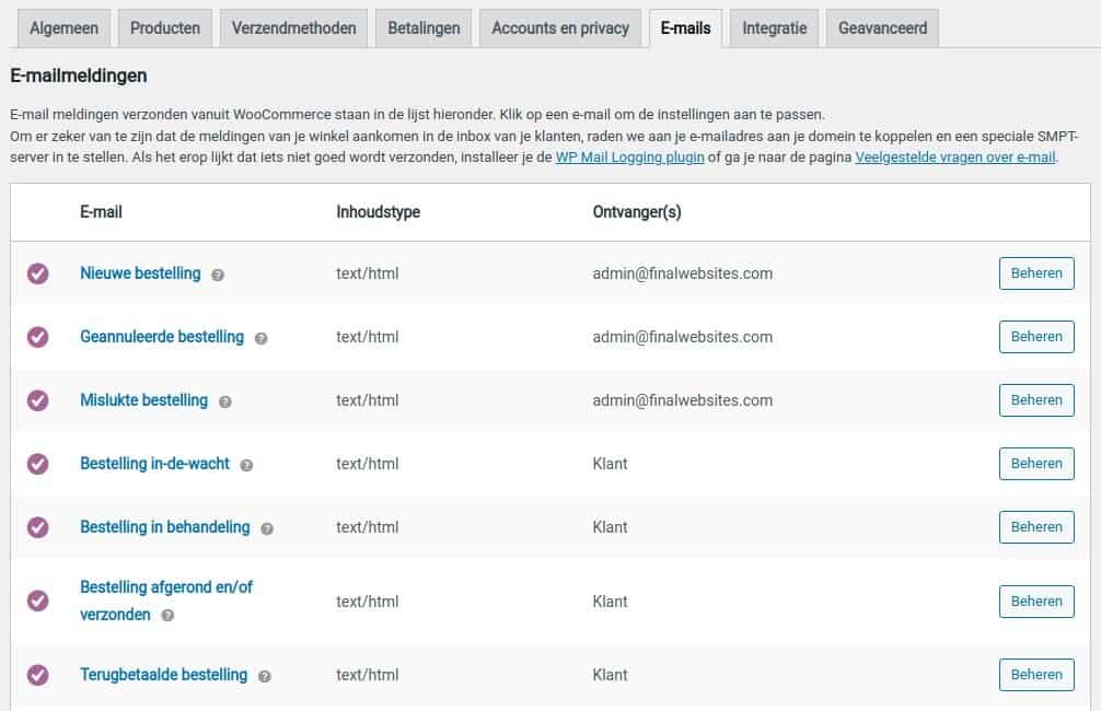 WooCommerce standaard emails