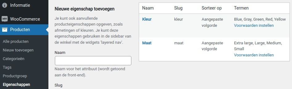 WooCommerce product eigenschappen