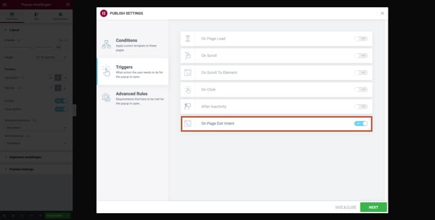 Exit Intent Instellingen Elementor