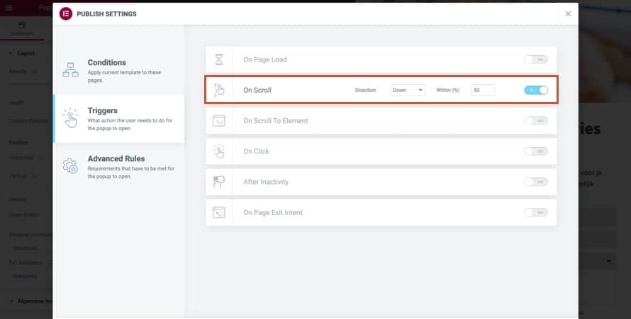 On Scroll Instellingen Elementor