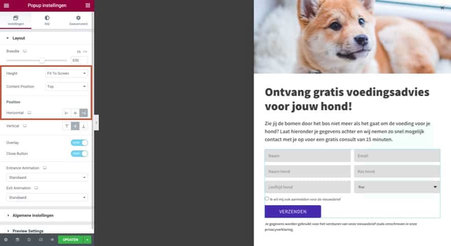 Voorbeeld halve pagina pop-up Elementor