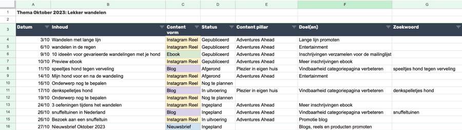 Content kalender voorbeeld in een spreadsheet