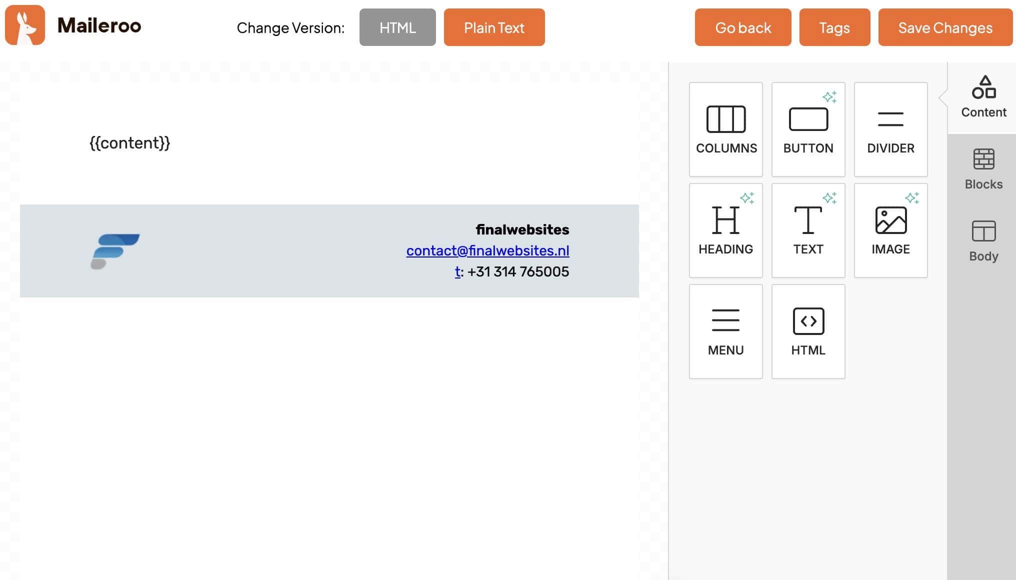 Maileroo email template editor