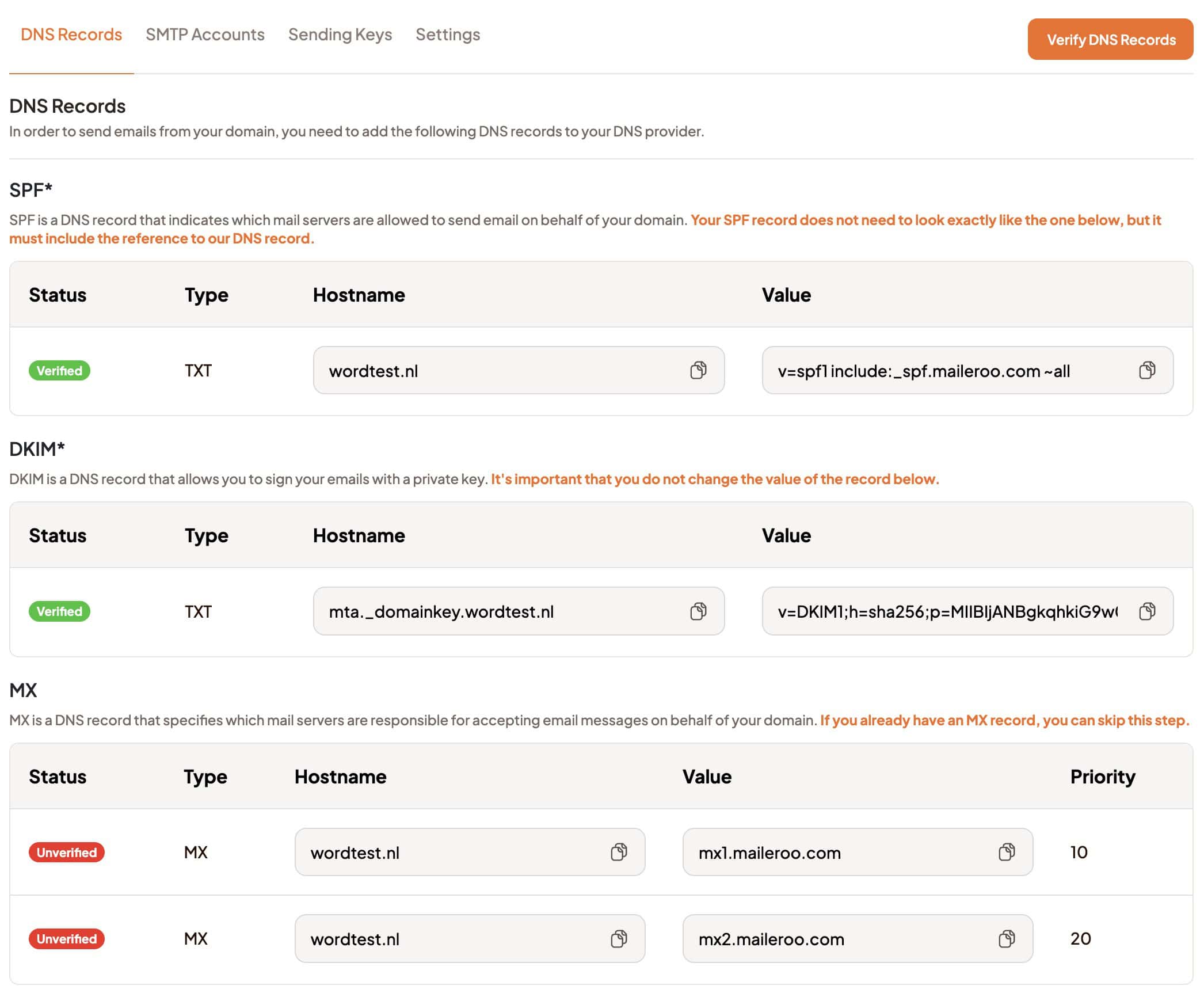 Maileroo DNS instellingen