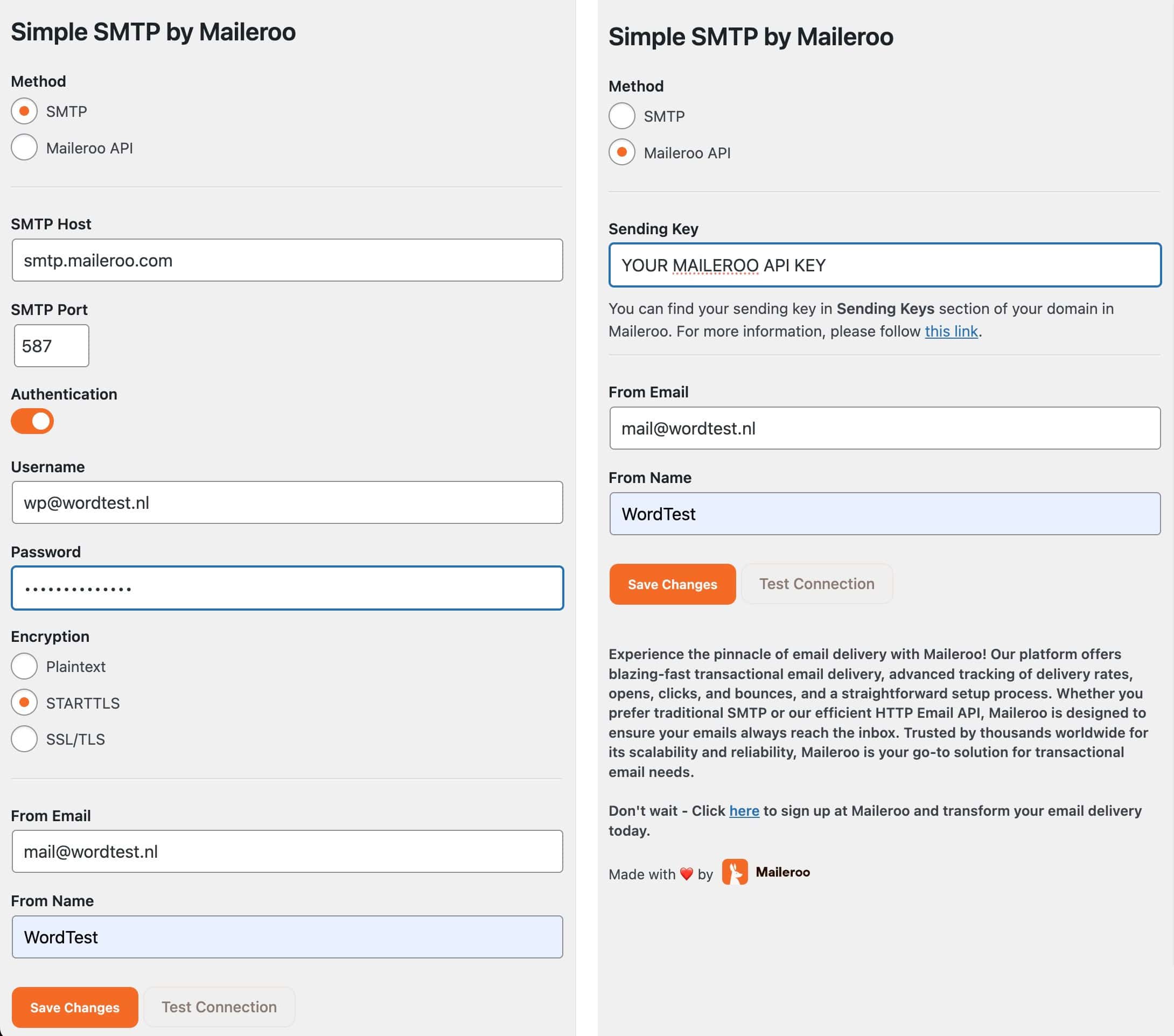 Maileroo SMTP Plugin instellingen