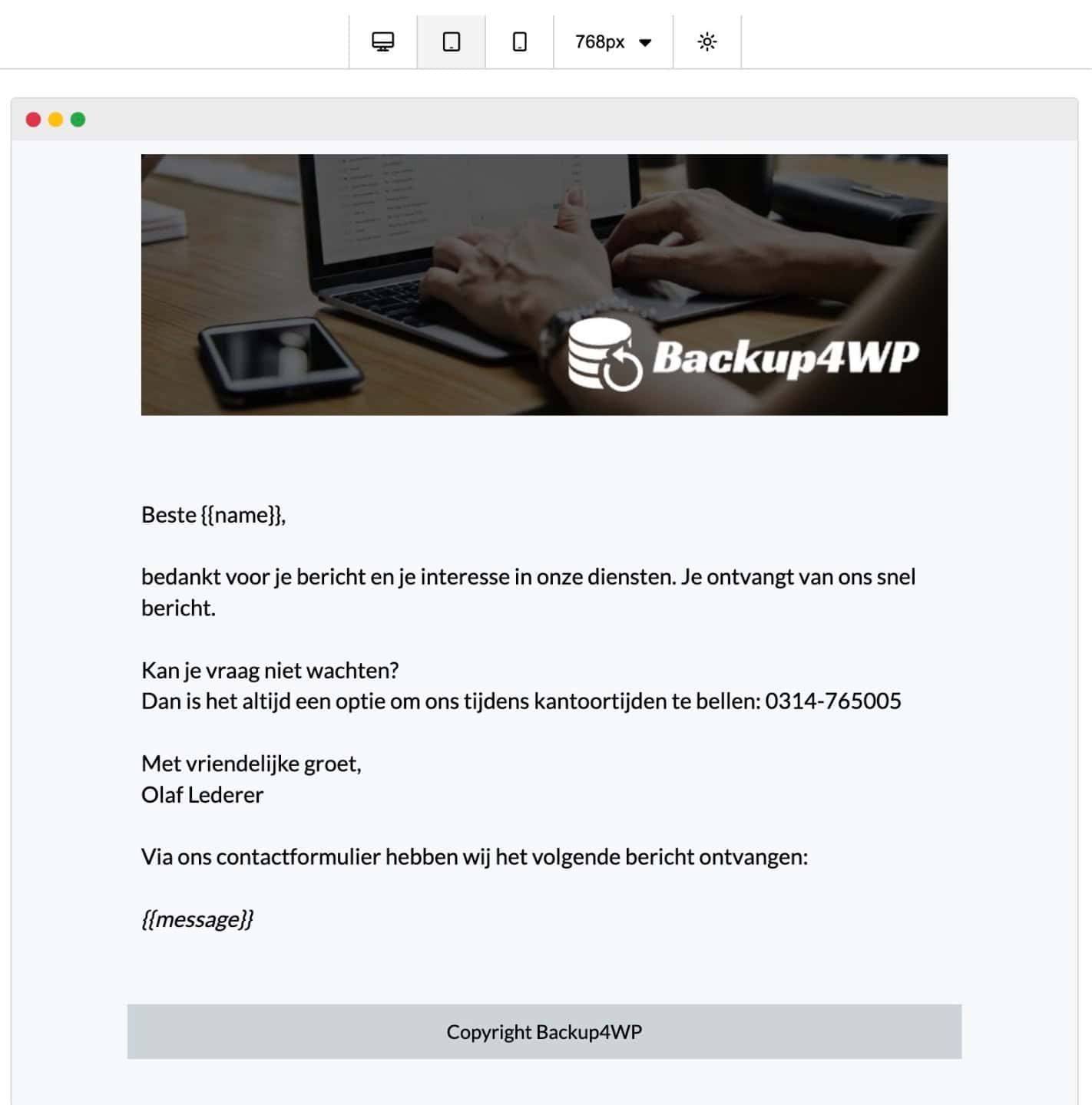 Maileroo template - Voorbeeld met placeholders