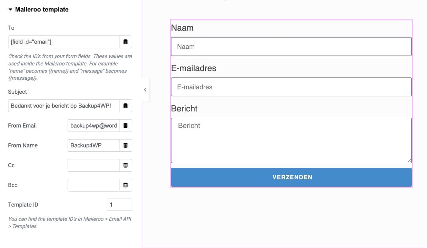 Maileroo template actie met instellingen