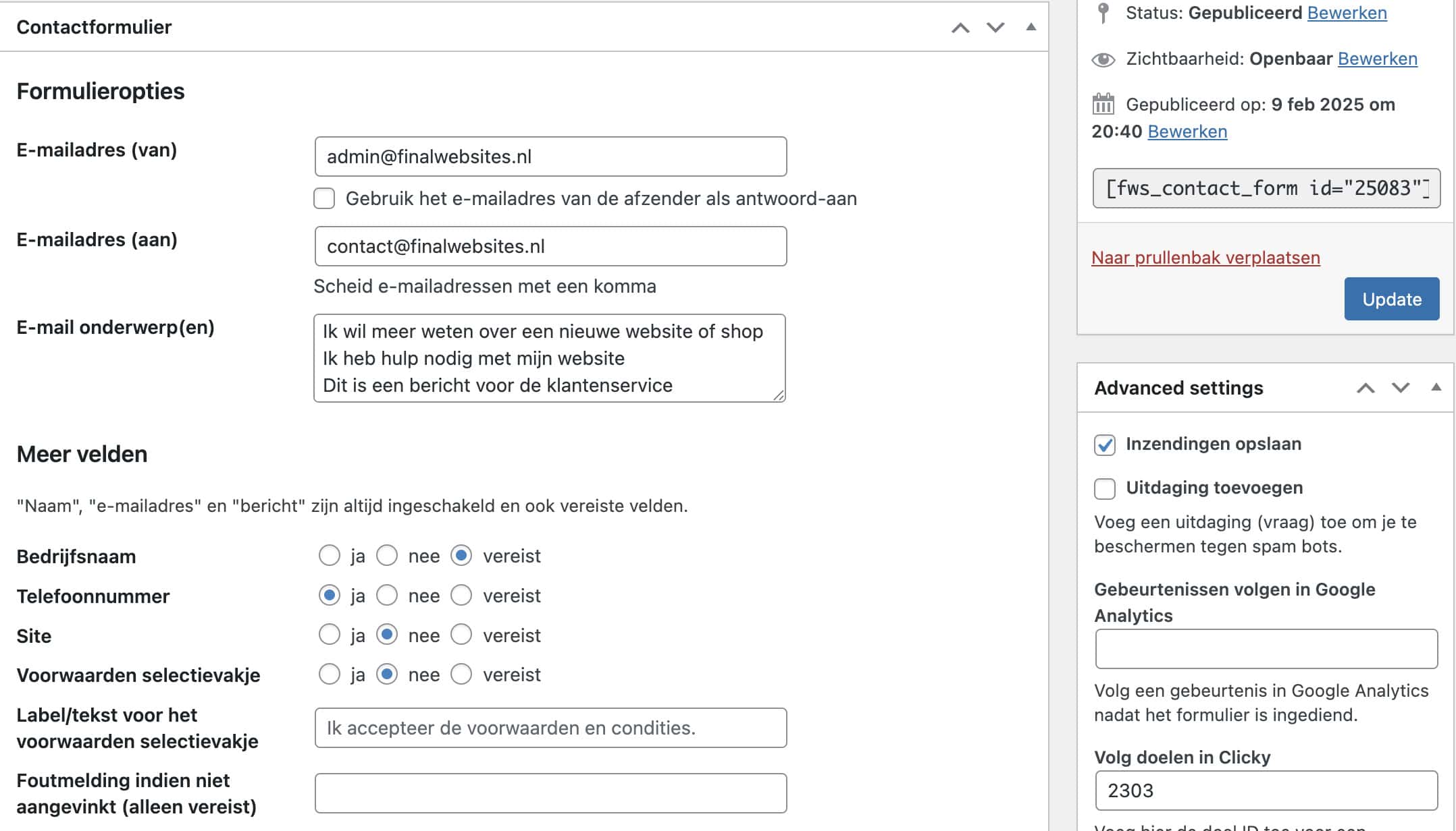 Instellingen van ons eigen contactformulier