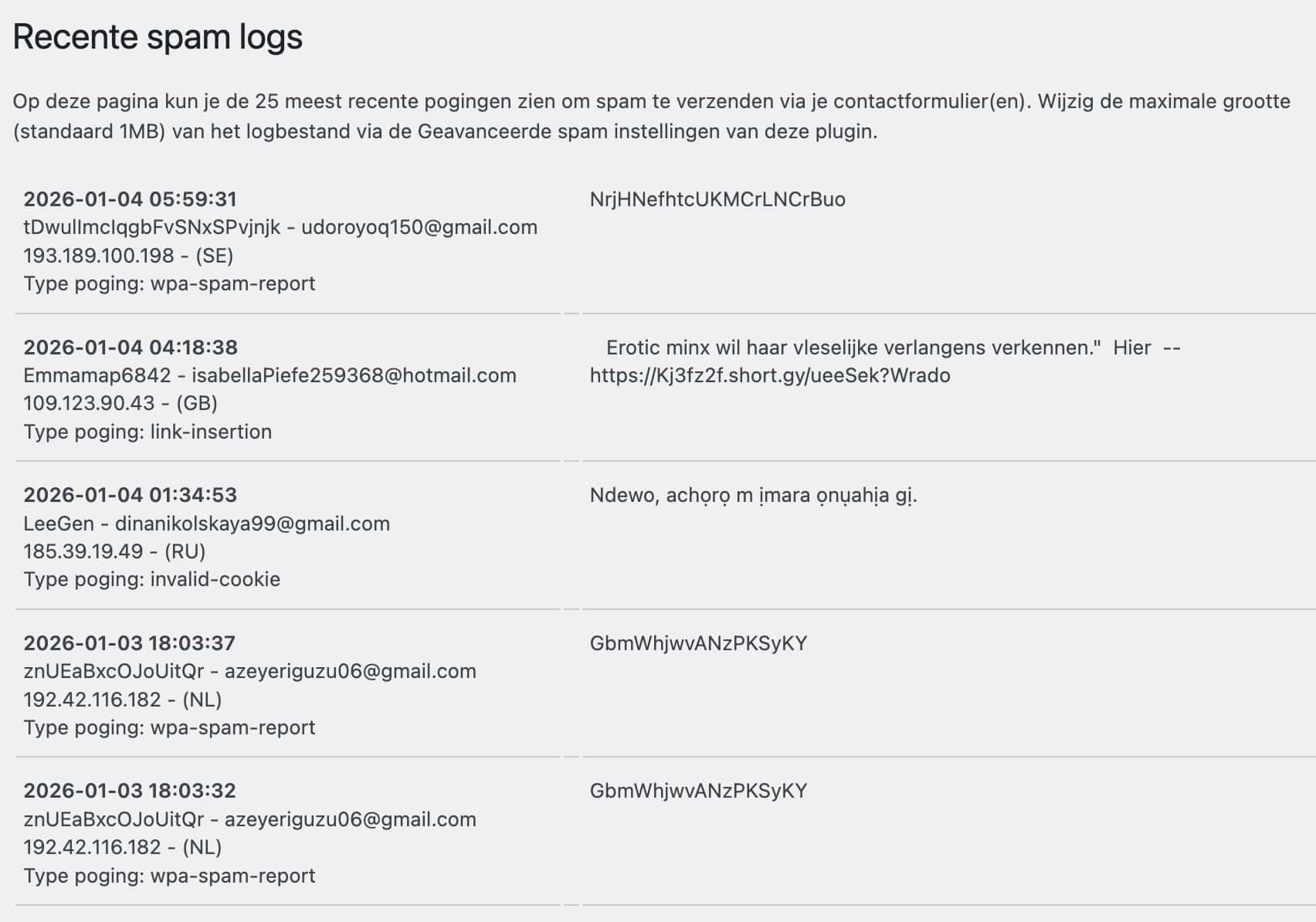 Spam pogingen - Ajax Contact Form