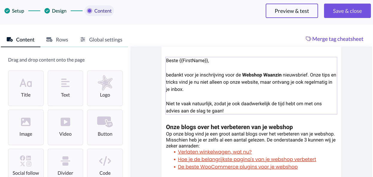 Welkomstemail content invoeren